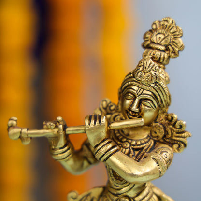 Exquisite Brass Krishna Statue With Flute For Home And Temple Decor