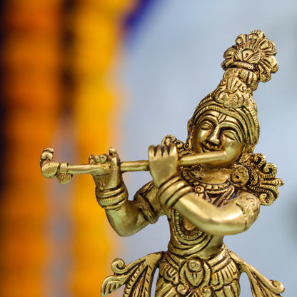 Exquisite Brass Krishna Statue With Flute For Home And Temple Decor