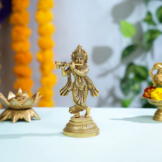 Graceful Brass Krishna Statue Playing Flute For Spiritual And Home Decor