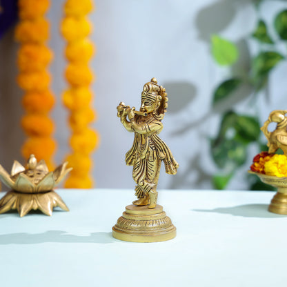 Graceful Brass Krishna Statue Playing Flute For Spiritual And Home Decor