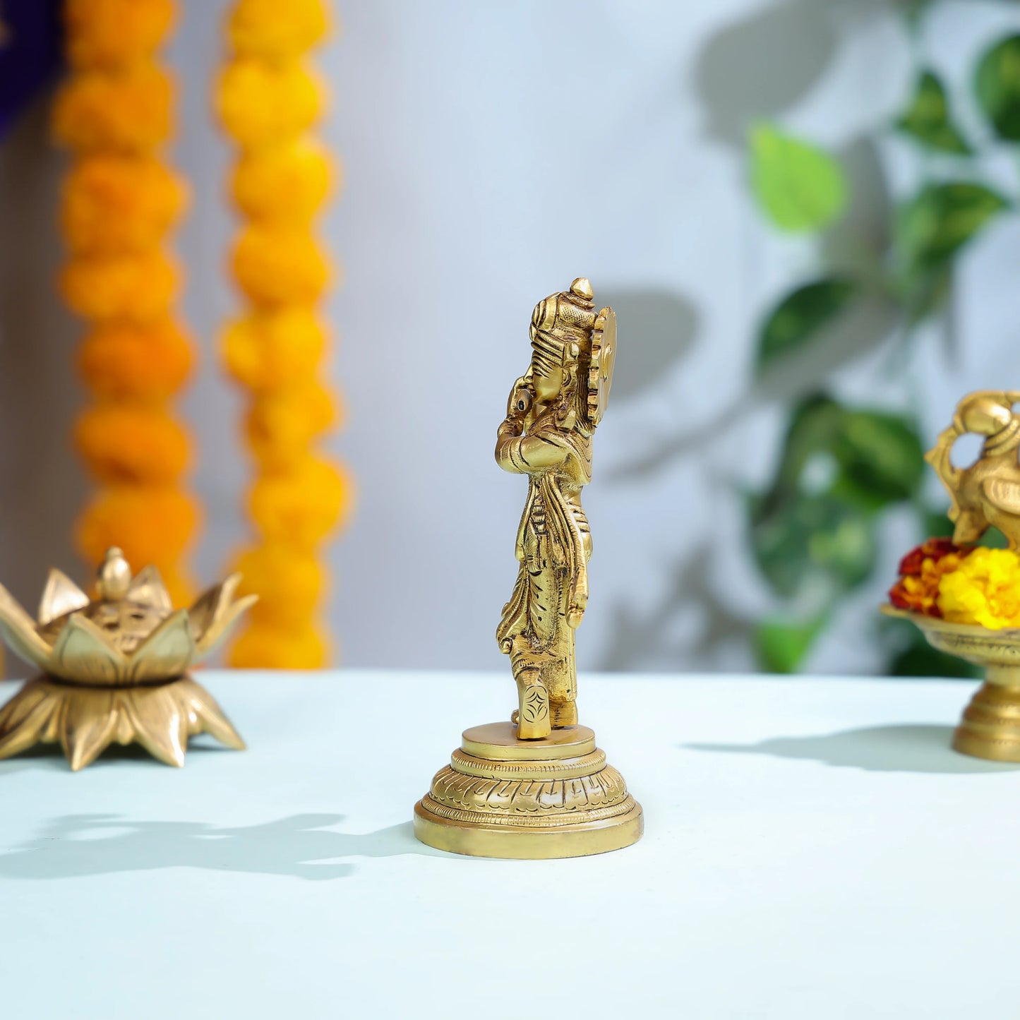 Graceful Brass Krishna Statue Playing Flute For Spiritual And Home Decor