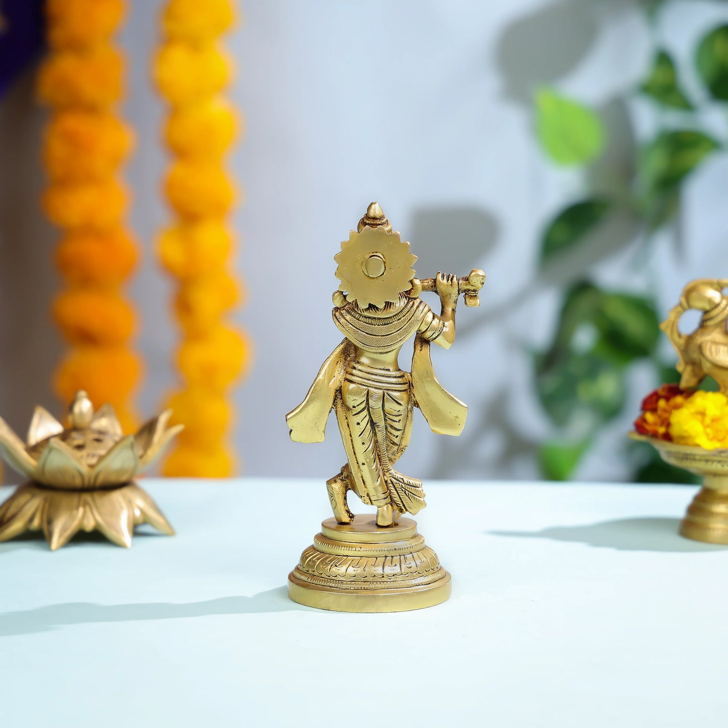 Graceful Brass Krishna Statue Playing Flute For Spiritual And Home Decor