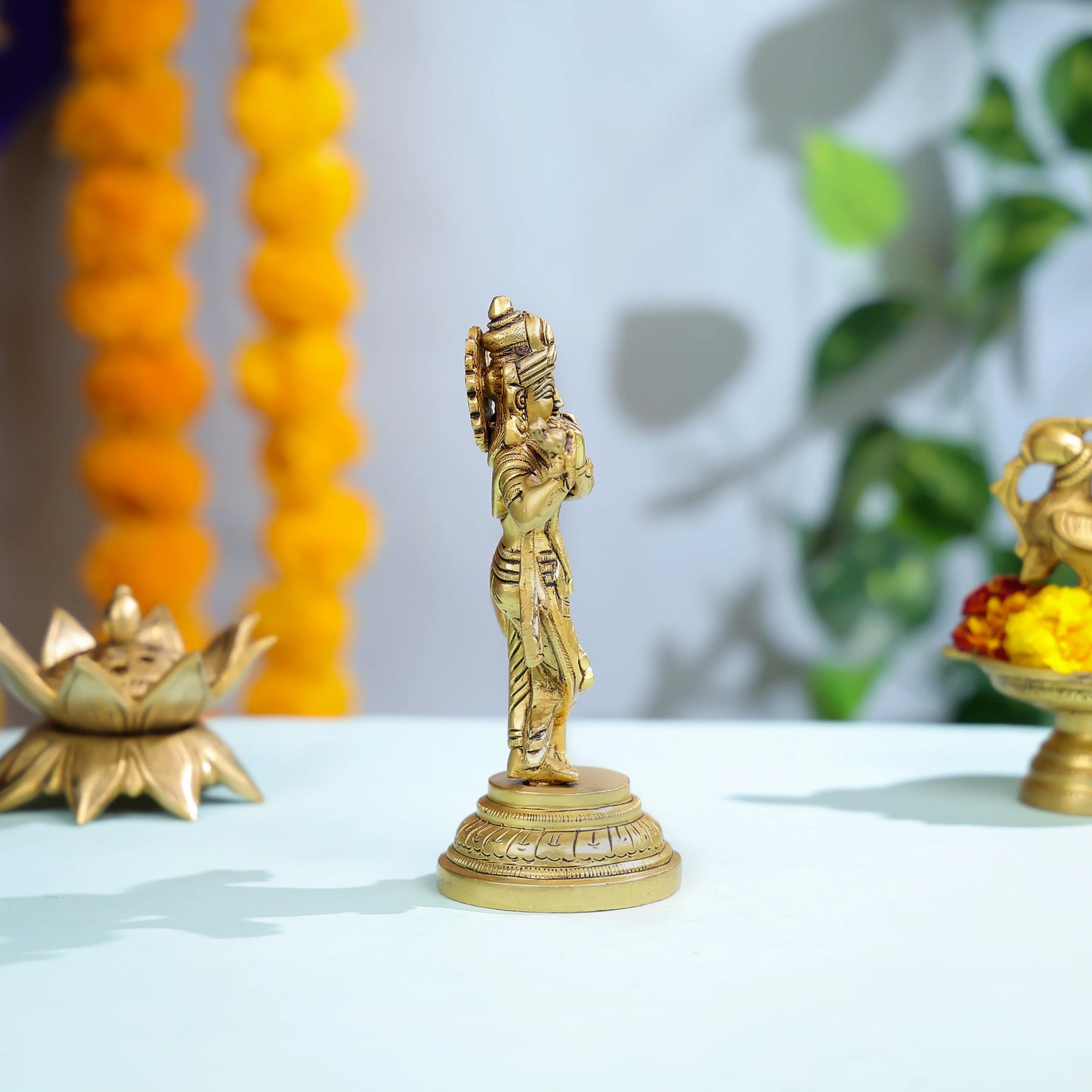 Graceful Brass Krishna Statue Playing Flute For Spiritual And Home Decor