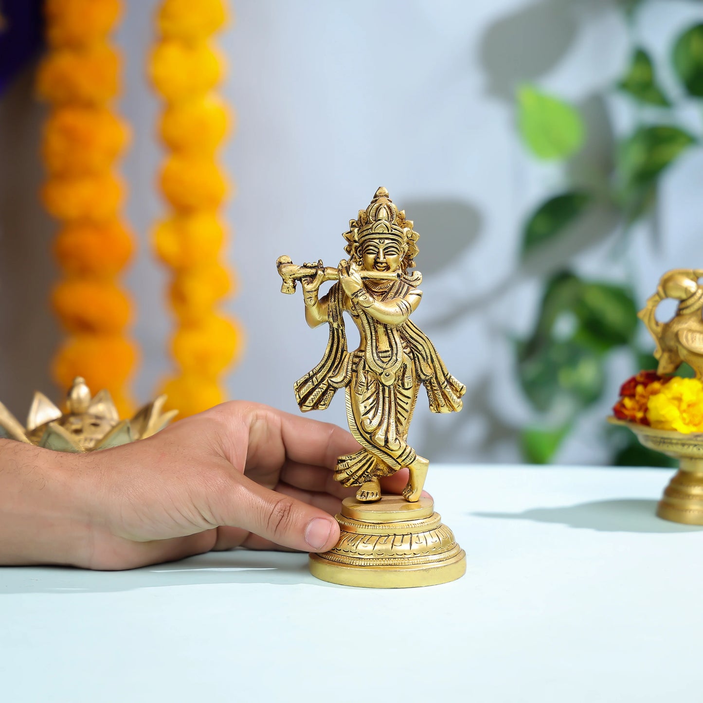 Graceful Brass Krishna Statue Playing Flute For Spiritual And Home Decor