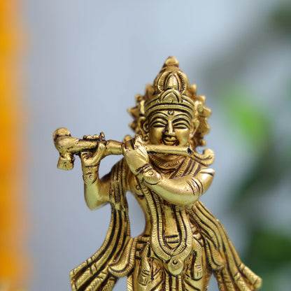 Graceful Brass Krishna Statue Playing Flute For Spiritual And Home Decor