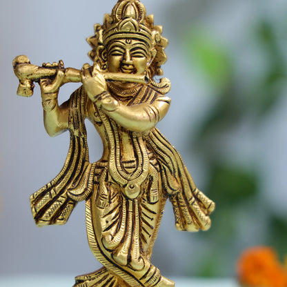 Graceful Brass Krishna Statue Playing Flute For Spiritual And Home Decor