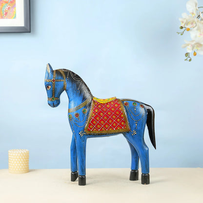 Handcrafted Blue Wooden Horse With Traditional Artwork