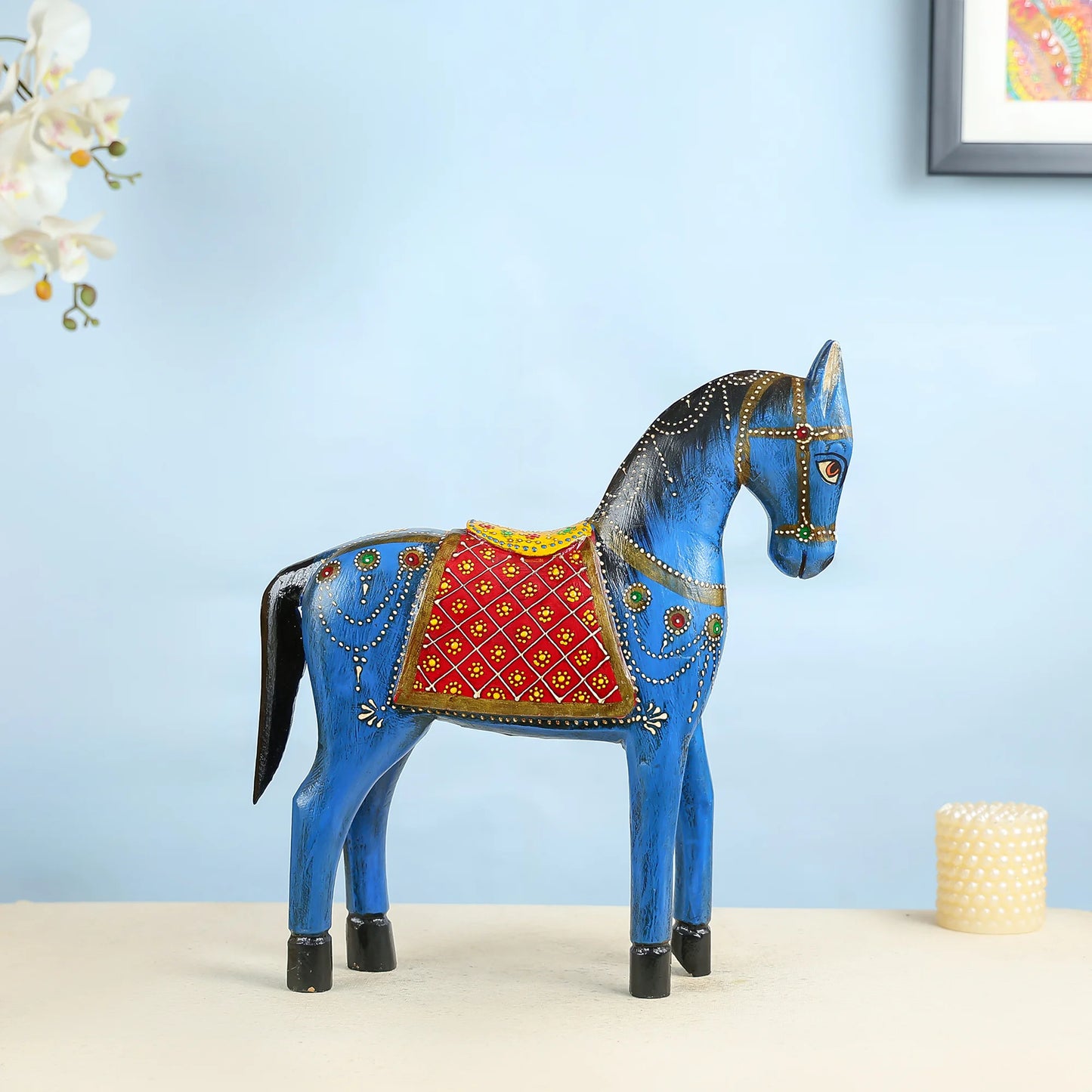 Handcrafted Blue Wooden Horse With Traditional Artwork