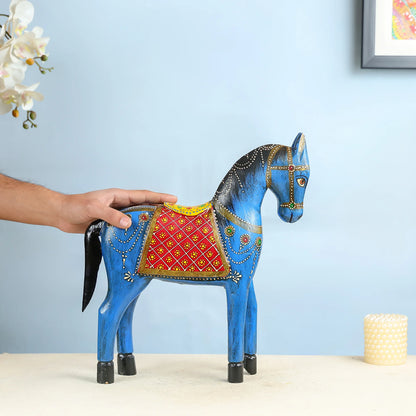 Handcrafted Blue Wooden Horse With Traditional Artwork