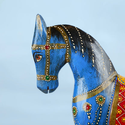 Handcrafted Blue Wooden Horse With Traditional Artwork