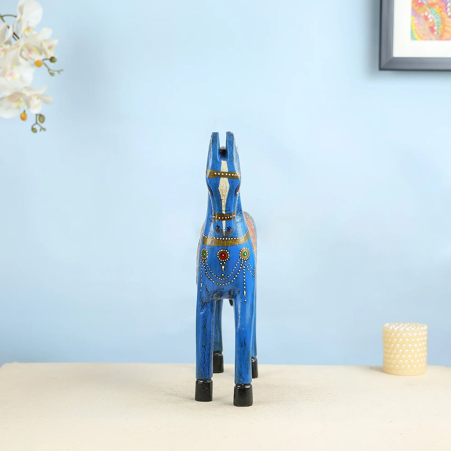 Handcrafted Blue Wooden Horse With Traditional Artwork