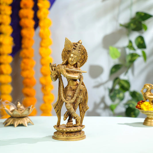 Handcrafted Brass Krishna Idol With Flute For Home And Office Decor