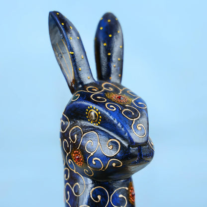 Handcrafted Midnight Blue Wooden Rabbit With Intricate Gold Detailing