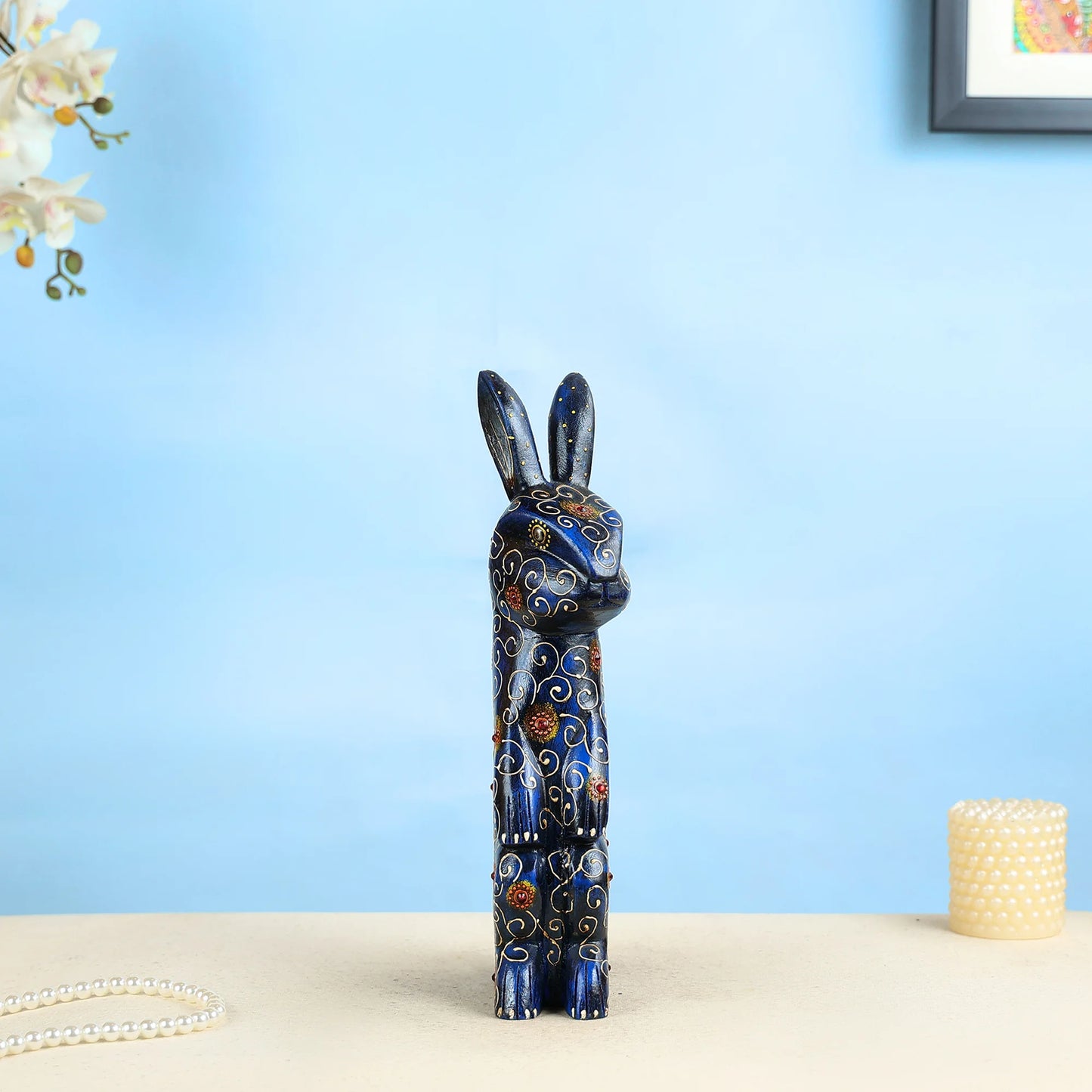 Handcrafted Midnight Blue Wooden Rabbit With Intricate Gold Detailing