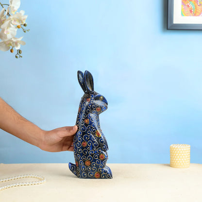 Handcrafted Midnight Blue Wooden Rabbit With Intricate Gold Detailing