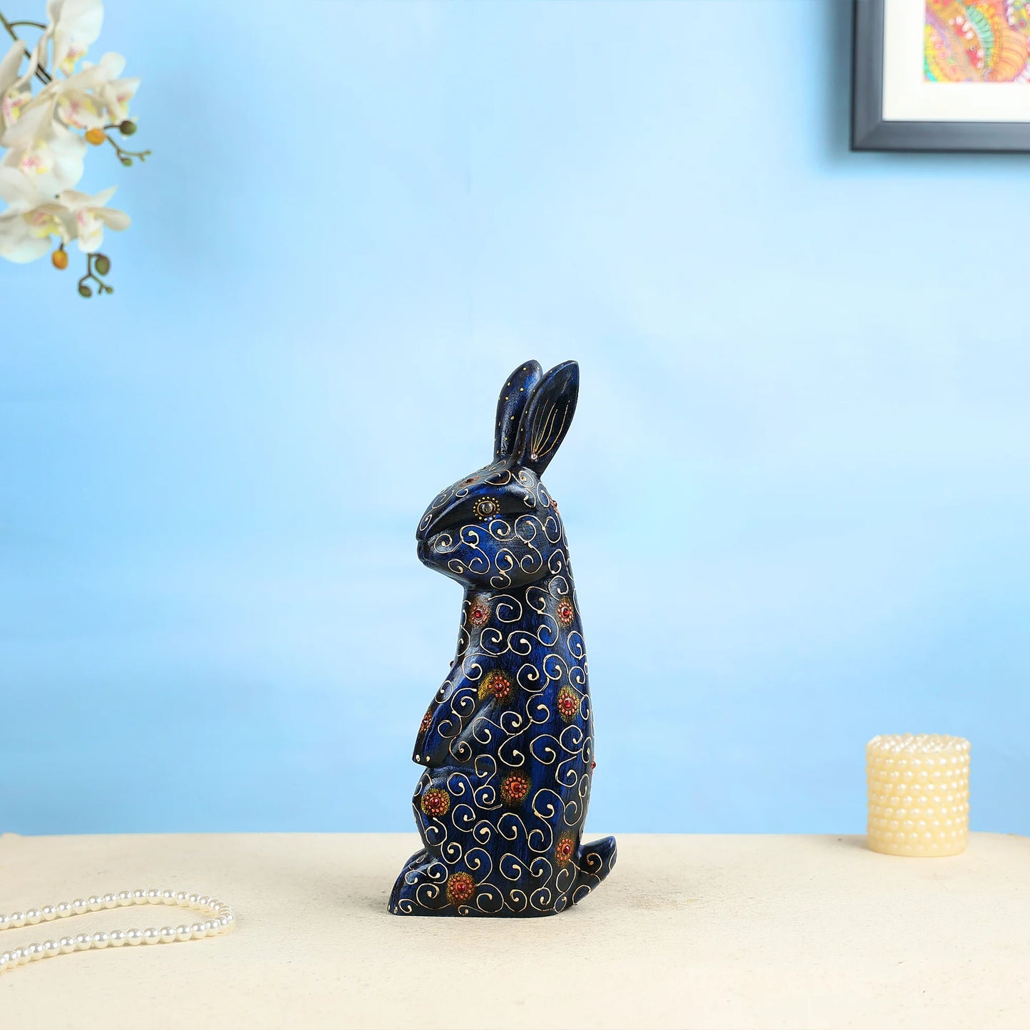 Handcrafted Midnight Blue Wooden Rabbit With Intricate Gold Detailing