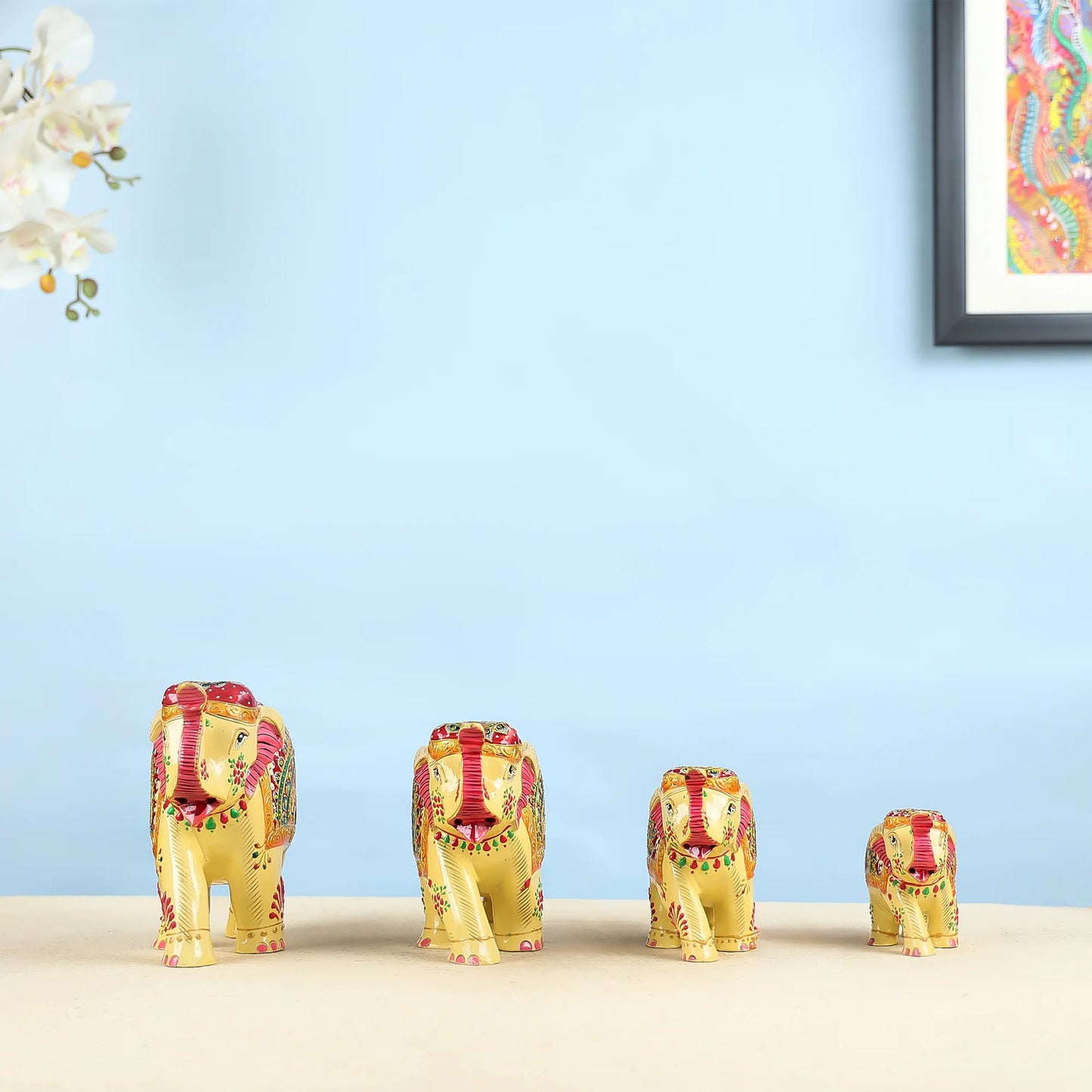 Handcrafted Set Of Four Golden Elephant Figurines With Traditional Art