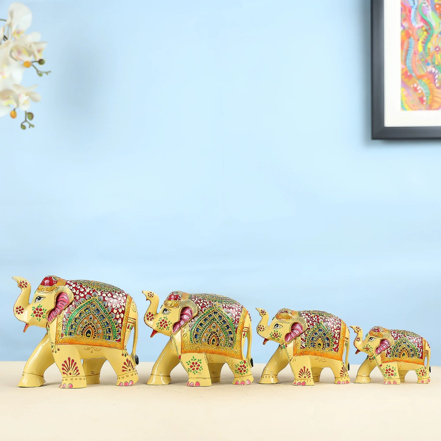 Handcrafted Set Of Four Golden Elephant Figurines With Traditional Art