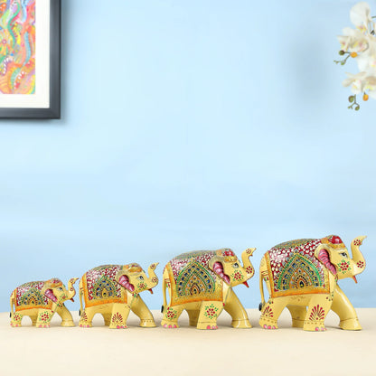 Handcrafted Set Of Four Golden Elephant Figurines With Traditional Art