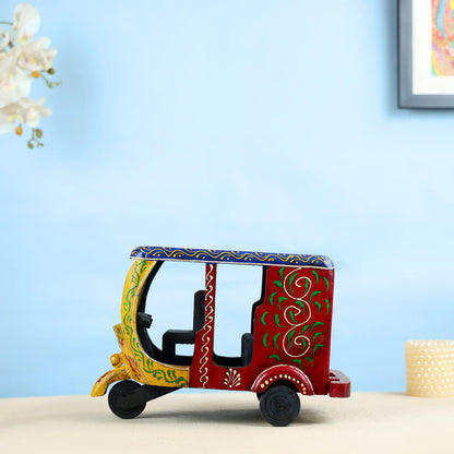 Handcrafted Wooden Auto Rickshaw Showpiece With Traditional Artwork