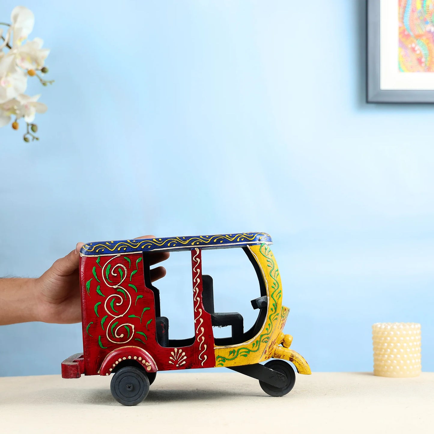 Handcrafted Wooden Auto Rickshaw Showpiece With Traditional Artwork