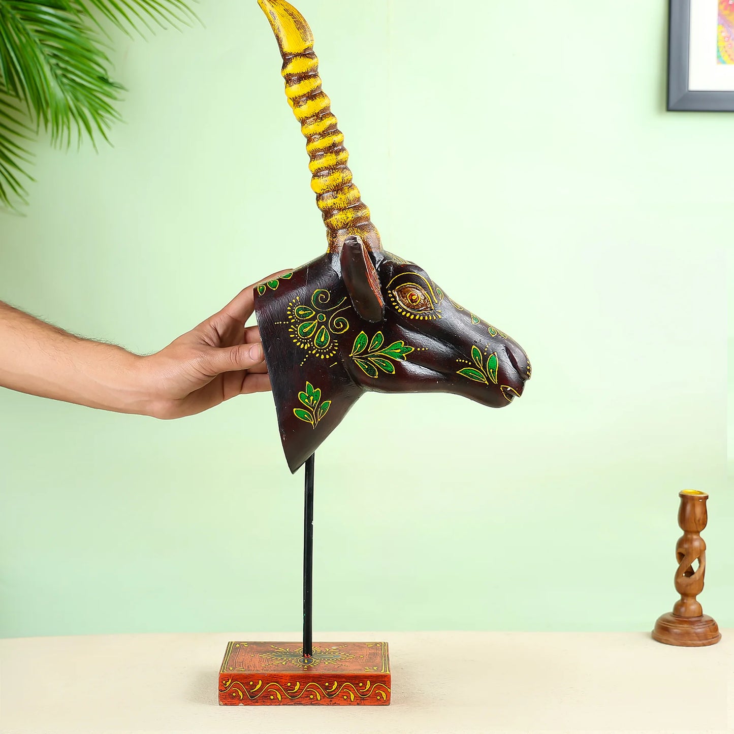 Handcrafted Wooden Blackbuck Head With Painted Base