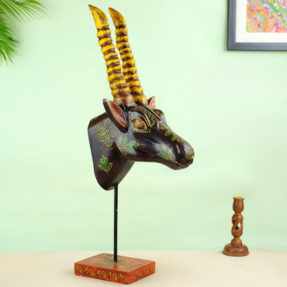 Handcrafted Wooden Blackbuck Head With Painted Base