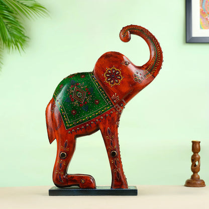 Handcrafted Wooden Elephant Statue With Traditional Floral Artwork