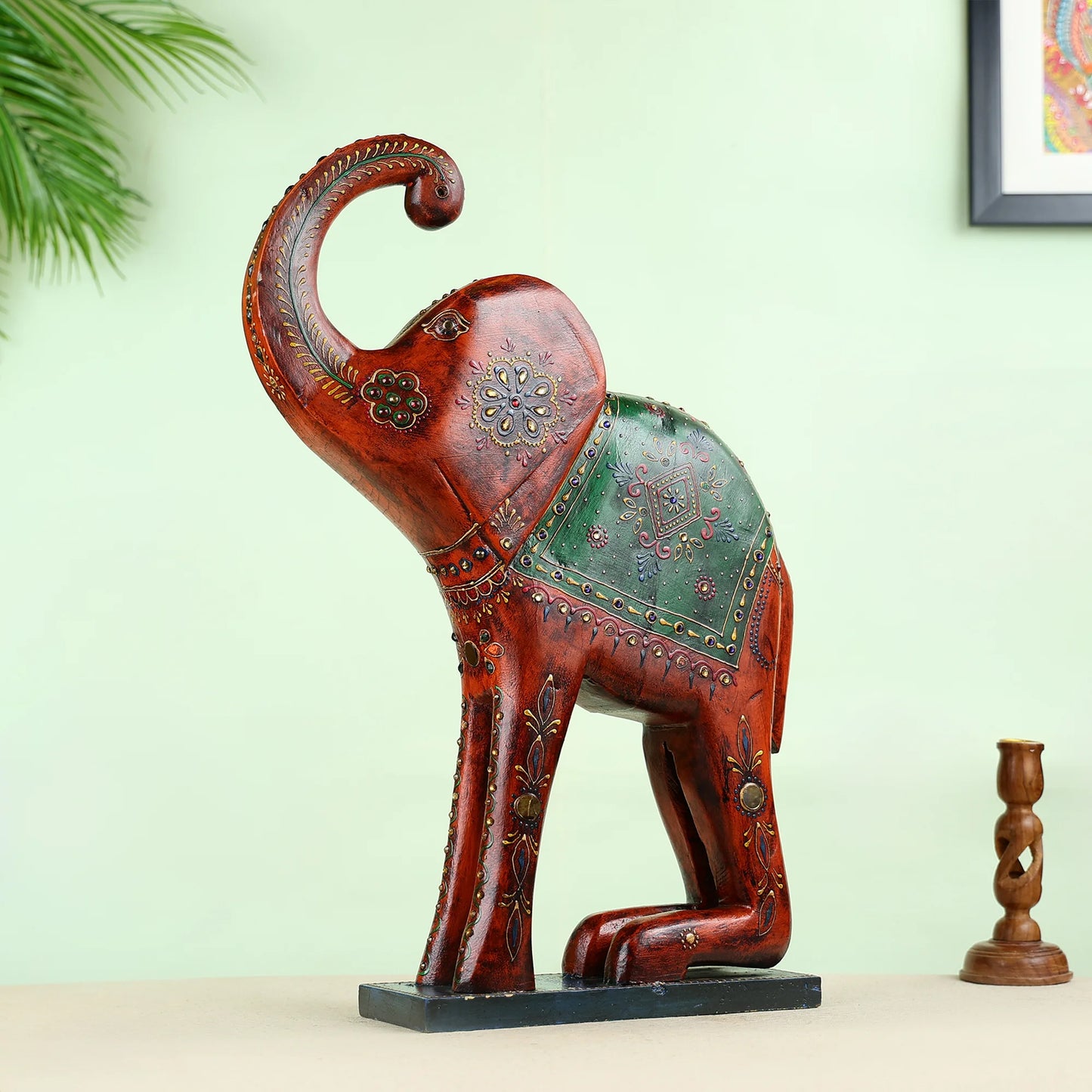 Handcrafted Wooden Elephant Statue With Traditional Floral Artwork