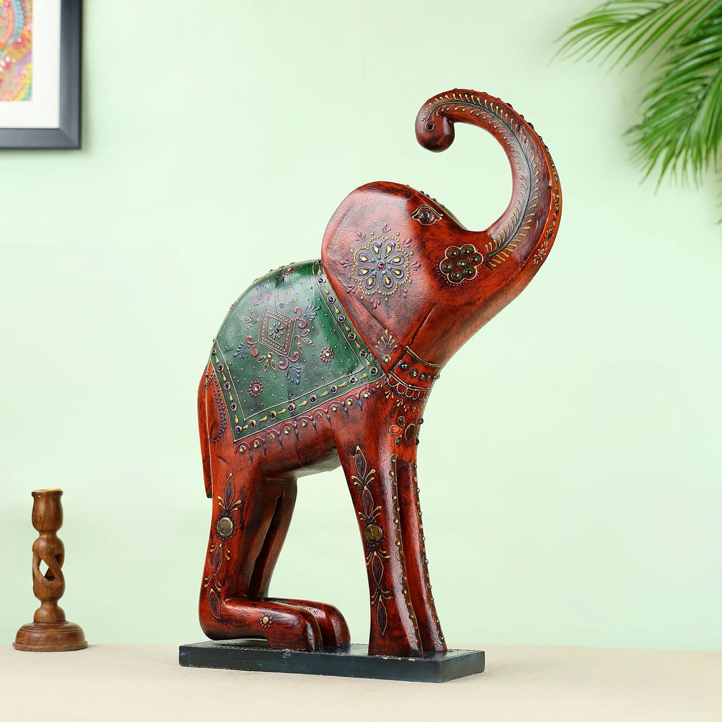 Handcrafted Wooden Elephant Statue With Traditional Floral Artwork