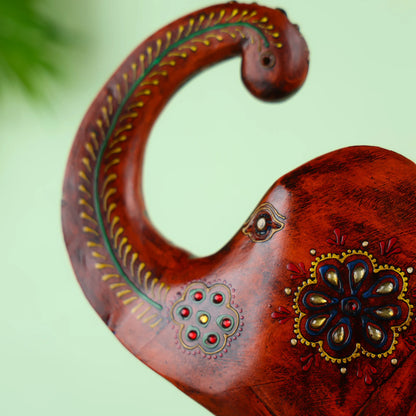 Handcrafted Wooden Elephant Statue With Traditional Floral Artwork