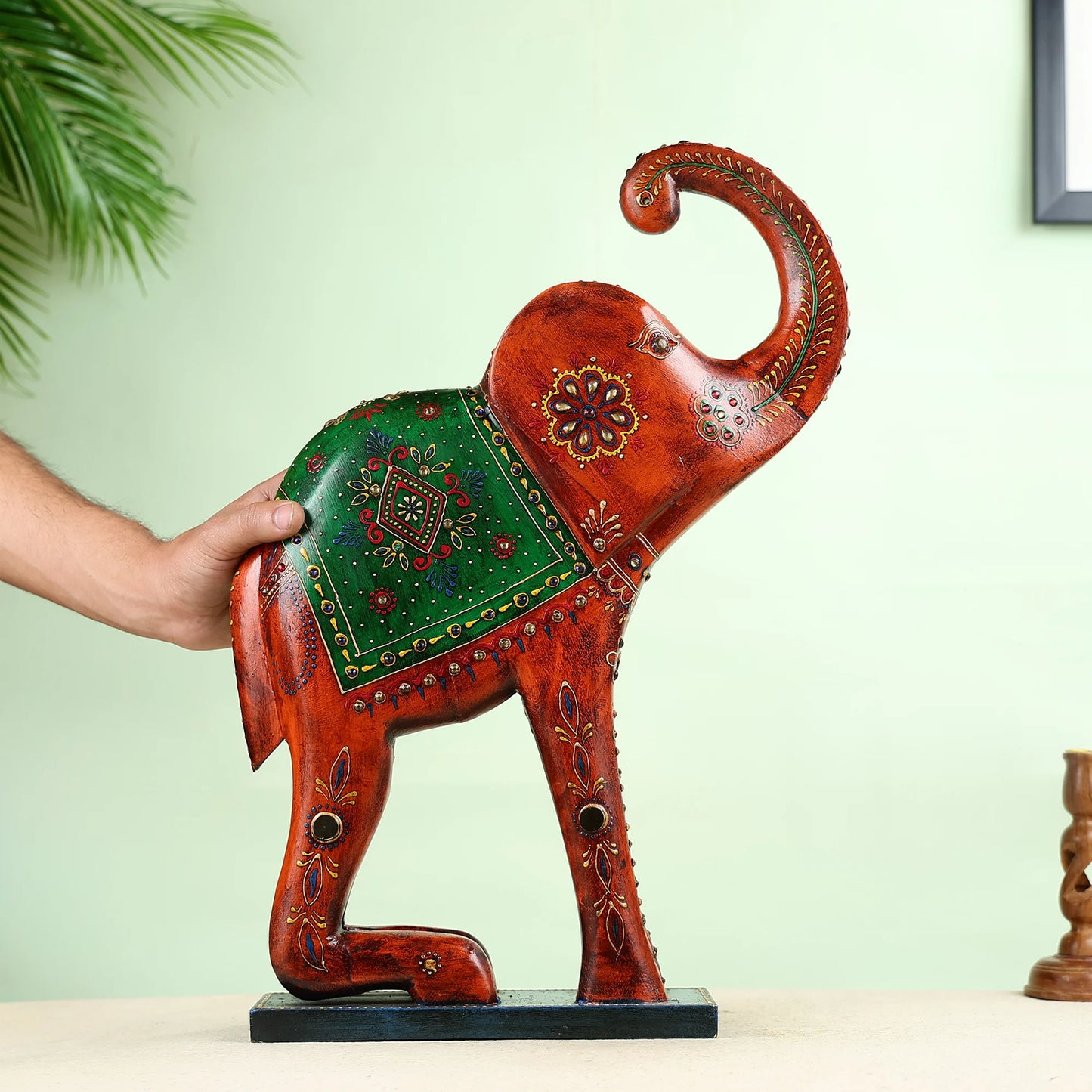 Handcrafted Wooden Elephant Statue With Traditional Floral Artwork