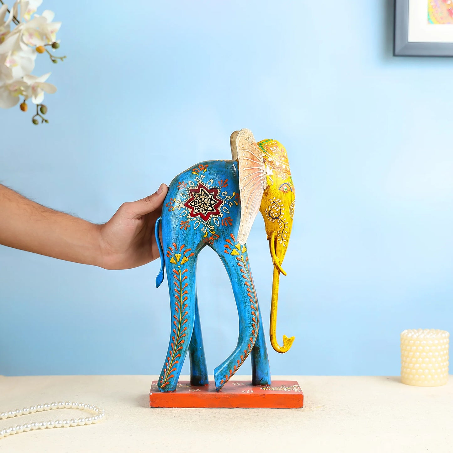 Handcrafted Wooden Elephant With Intricate Painted Detailing