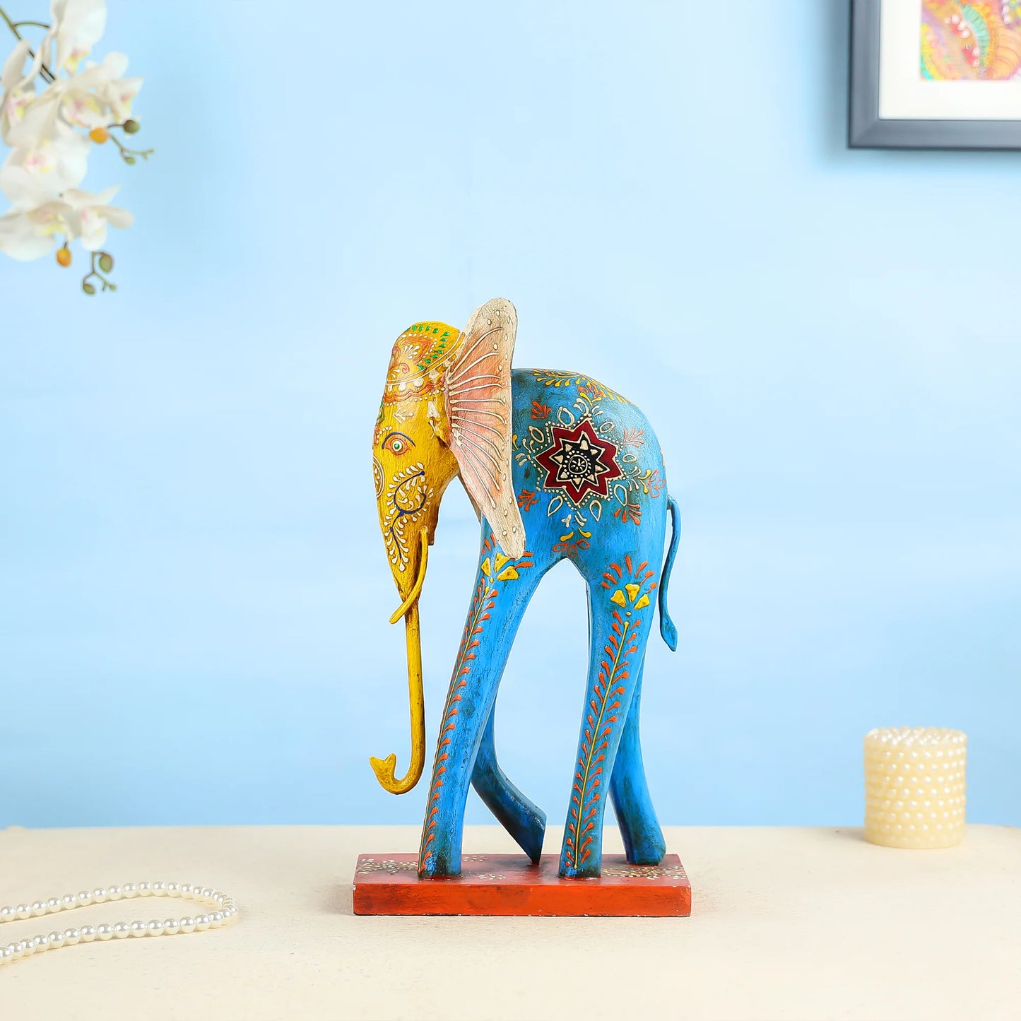 Handcrafted Wooden Elephant With Intricate Painted Detailing