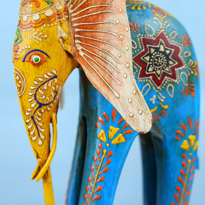 Handcrafted Wooden Elephant With Intricate Painted Detailing