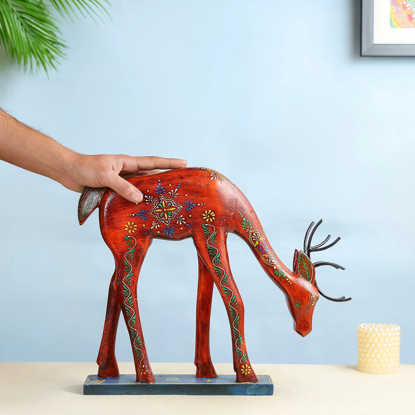 Handcrafted Wooden Grazing Deer Showpiece