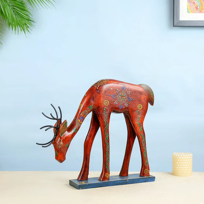 Handcrafted Wooden Grazing Deer Showpiece