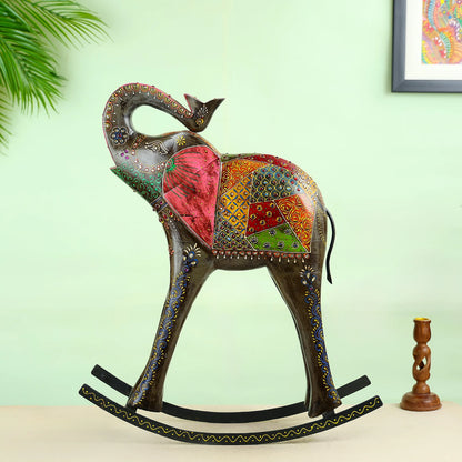 Handcrafted Wooden Rocking Elephant With Colourful Patchwork