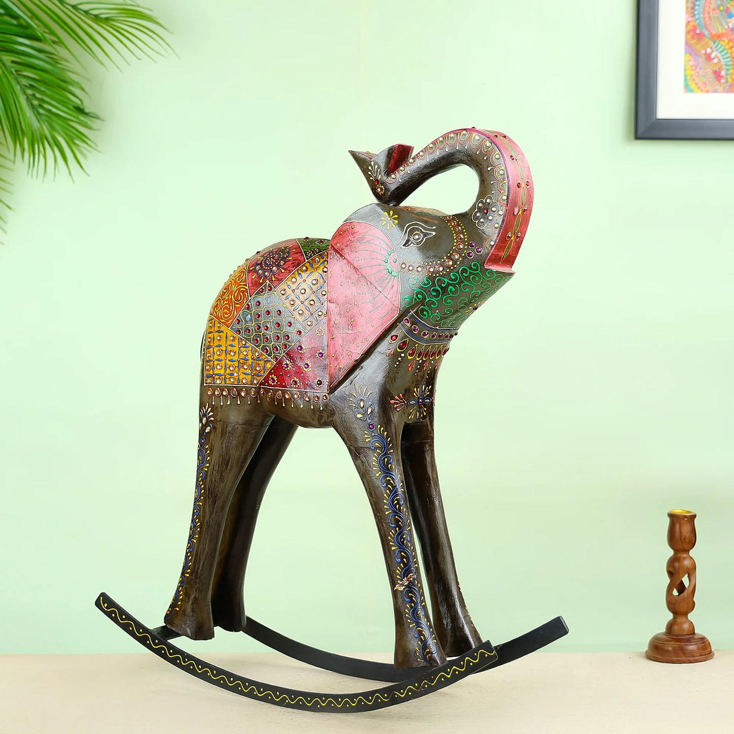 Handcrafted Wooden Rocking Elephant With Colourful Patchwork