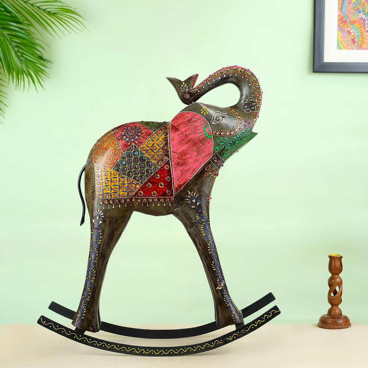 Handcrafted Wooden Rocking Elephant With Colourful Patchwork