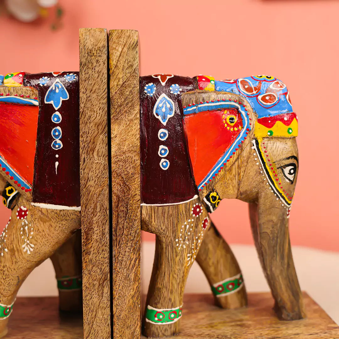 Handpainted Mango Wood Elephant Book Ends 3