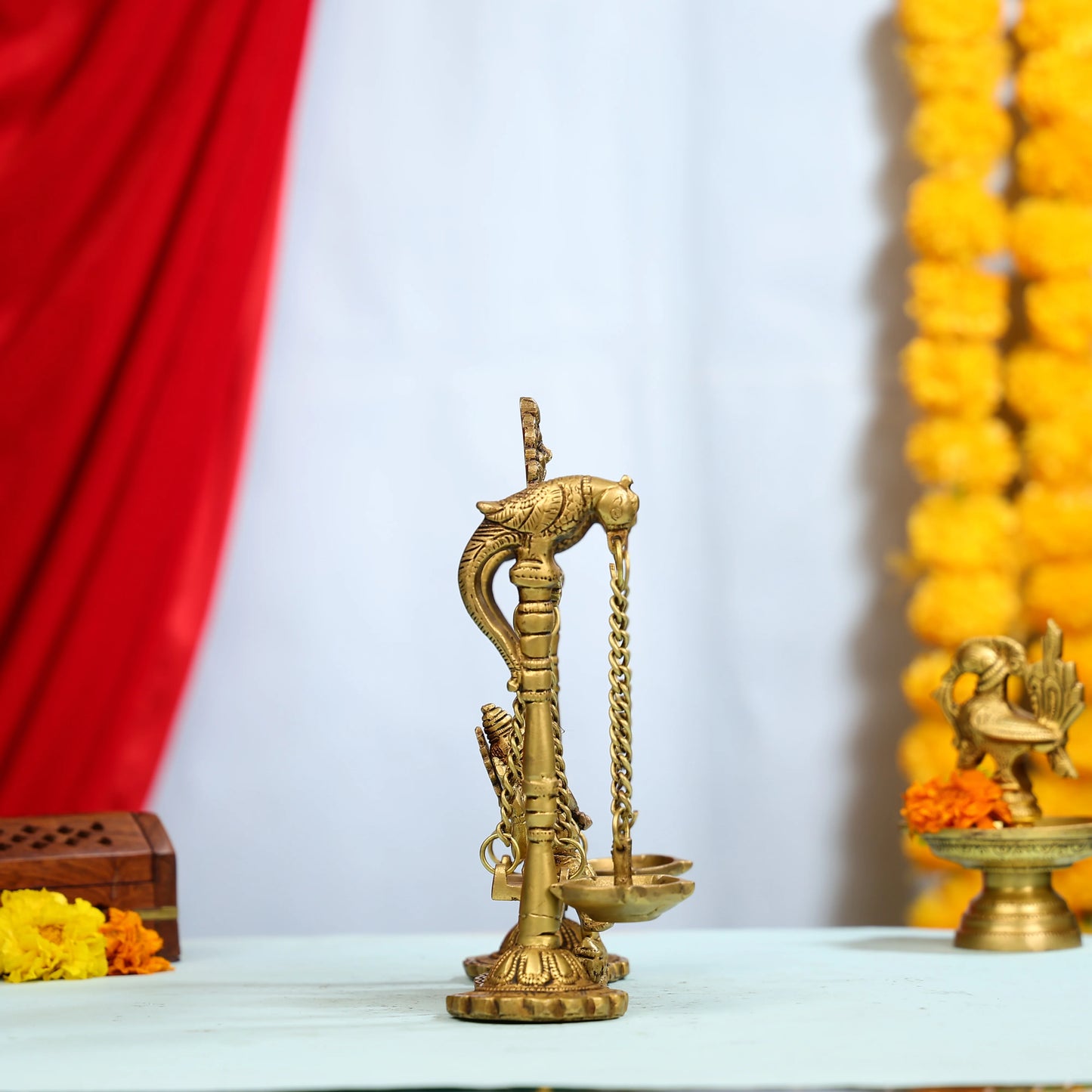 9" Brass Lord Ganesha on Swings Idol with Hanging Panch Diya on Both sides