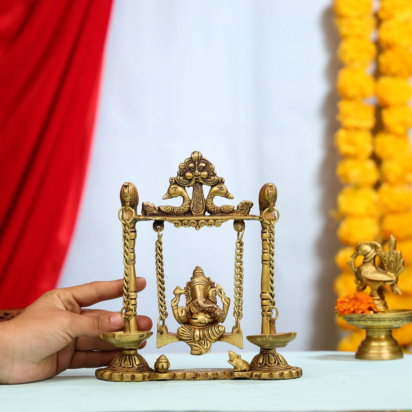 9" Brass Lord Ganesha on Swings Idol with Hanging Panch Diya on Both sides