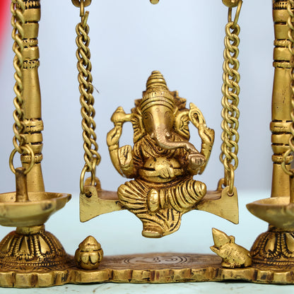 9" Brass Lord Ganesha on Swings Idol with Hanging Panch Diya on Both sides