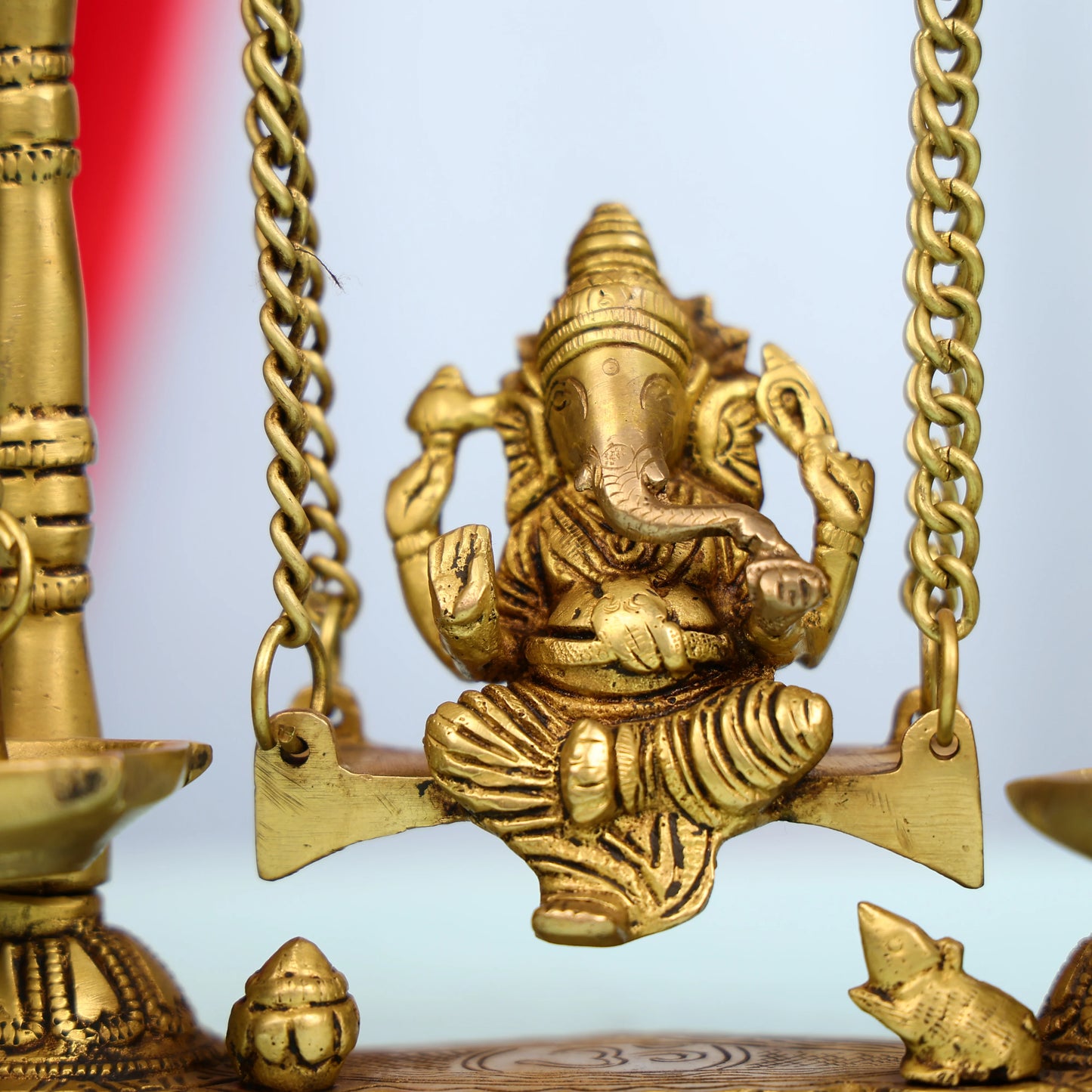 9" Brass Lord Ganesha on Swings Idol with Hanging Panch Diya on Both sides