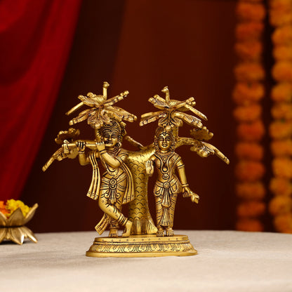 9.5" Brass Radha Krishna Idol Under Tree With Seated Peacocks