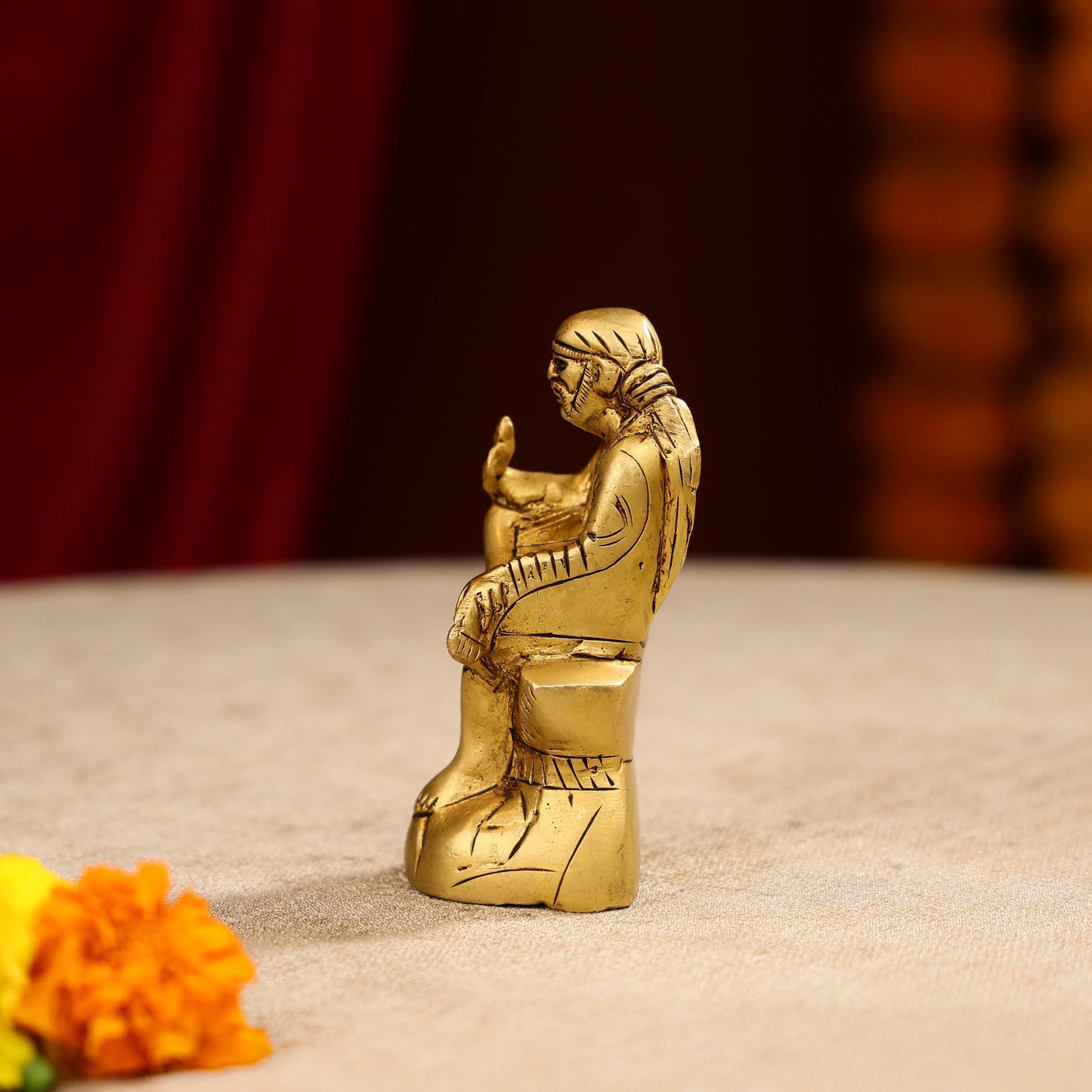 Brass Lord Sai Baba Idol Seated on Pedestal- 4.5 Inch