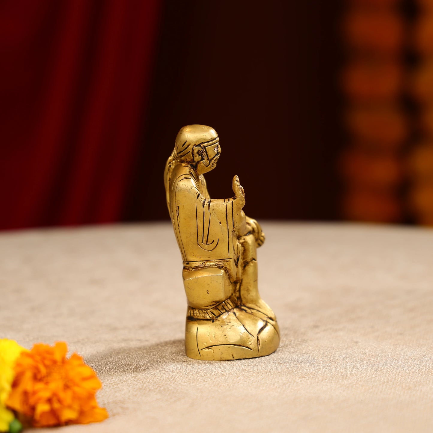 Brass Lord Sai Baba Idol Seated on Pedestal- 4.5 Inch