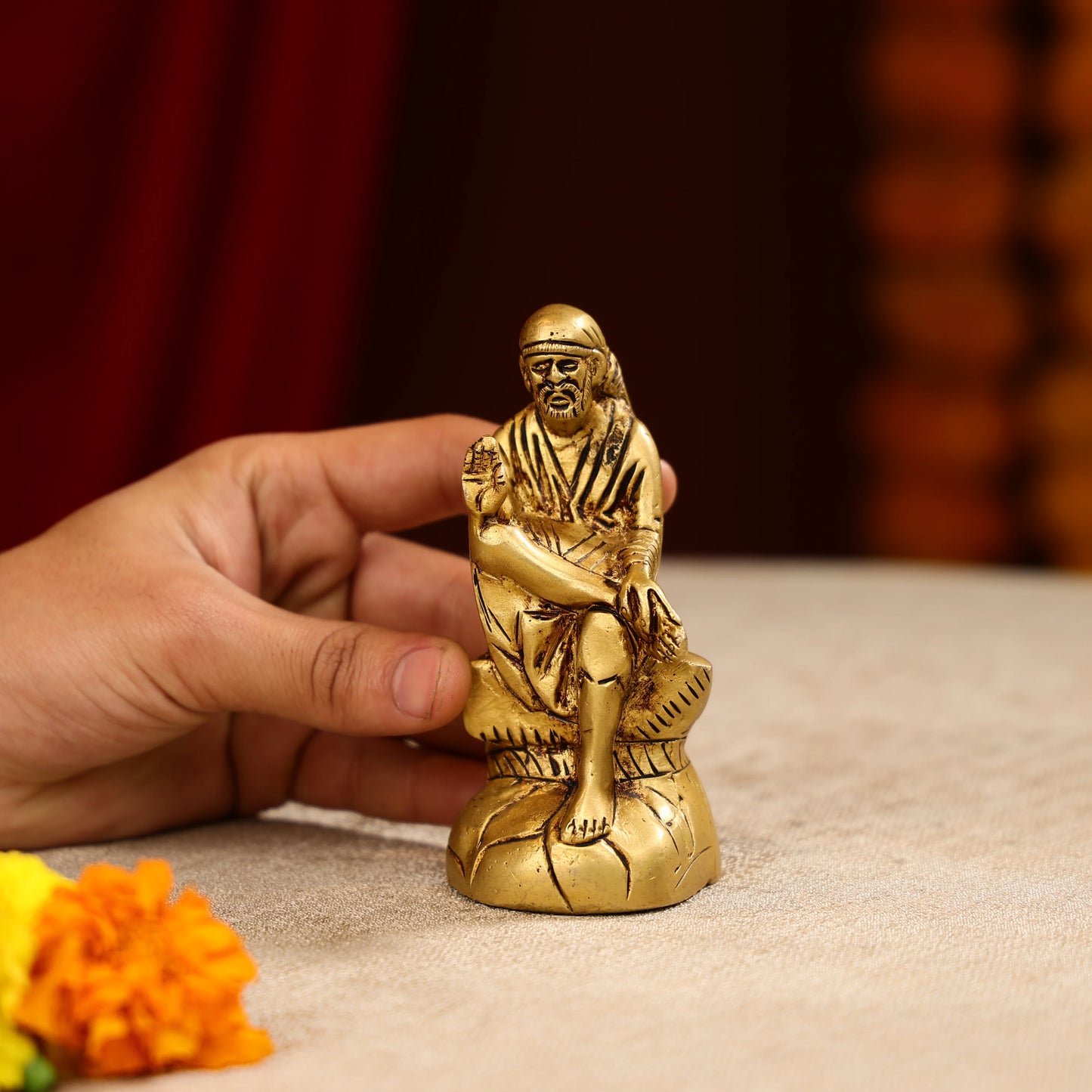 Brass Lord Sai Baba Idol Seated on Pedestal- 4.5 Inch