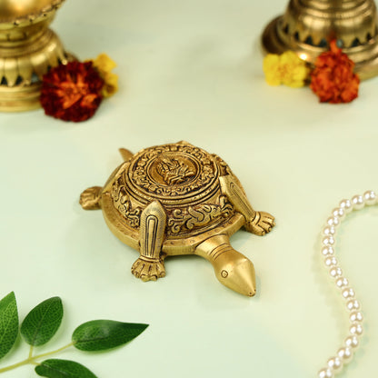 7" Brass Carved Vastu Tortoise With Ganesha Figure